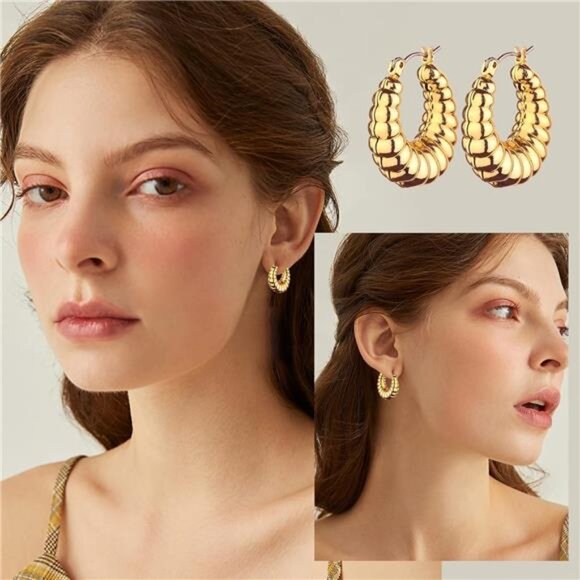 Gold Chunky Hoop Earrings Set for Women, 14K Gold Plated Twisted Huggie Earring - Picture 2 of 7